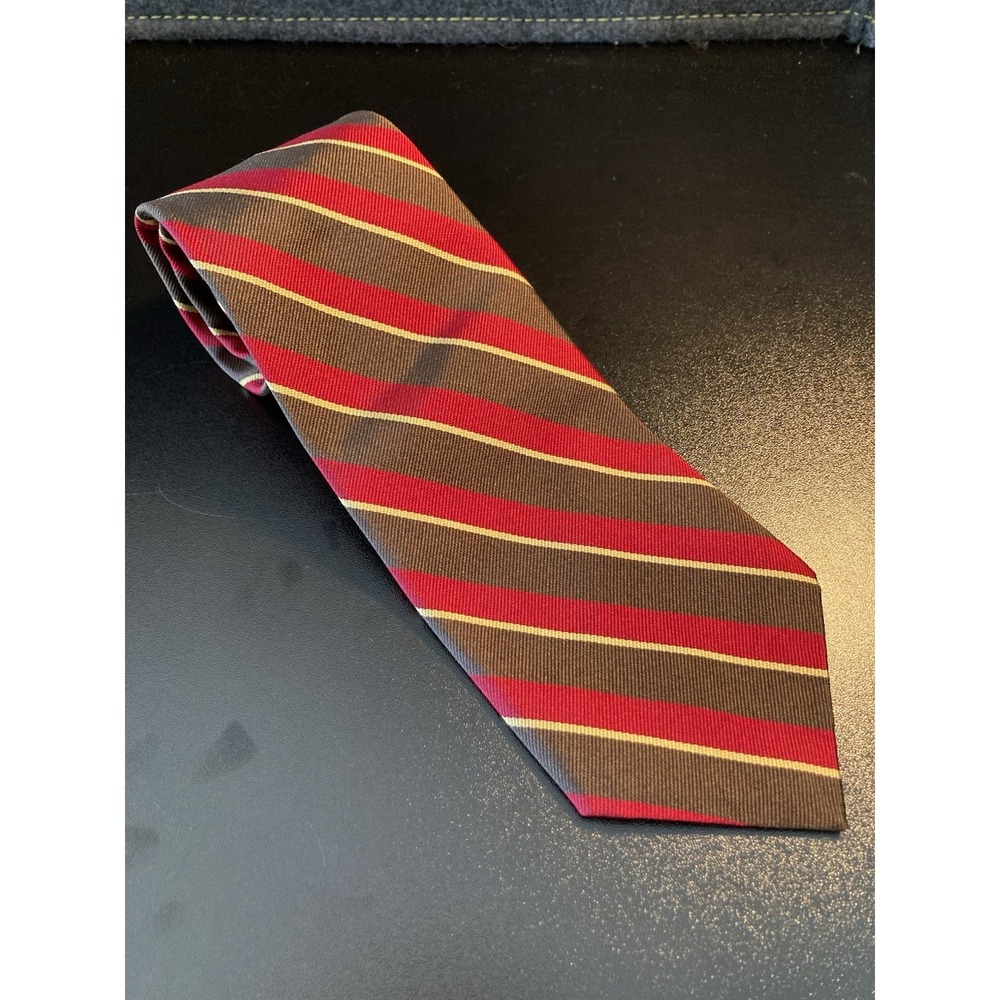 Polo Ralph Lauren Dark Red‎ Brown Gold Striped 100% Silk Tie Classic Mens